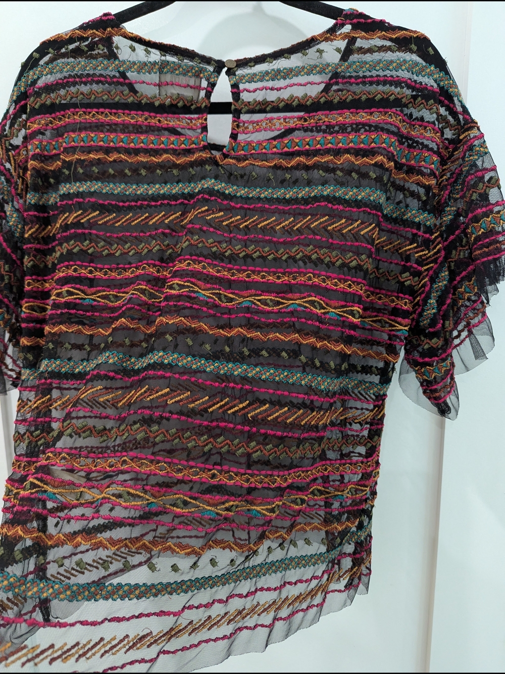 Maeve For Anthropologie Black Mesh Top with Multicolor Embroidery - Picture 7 of 7